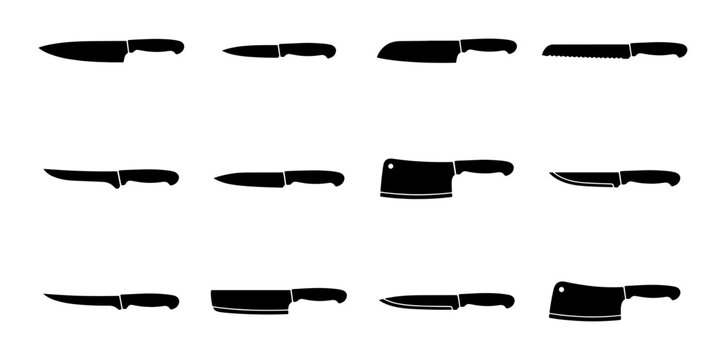Kitchen Knife Set Vector Icons, Chef Knives, Cleavers, Slicing Blades, Culinary Tools Collection, Black Silhouette Graphics for Food Preparation and Cooking