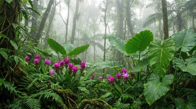 Misty tropical rainforest with pink flowers blooming.