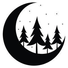 Fototapeta premium Crescent moon with pine trees and stars silhouette.