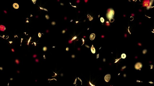 Gold coins and red envelopes rain down against a dark background to symbolize wealth and prosperity during traditional cultural celebrations and festive lunar holiday events with ample room for text.