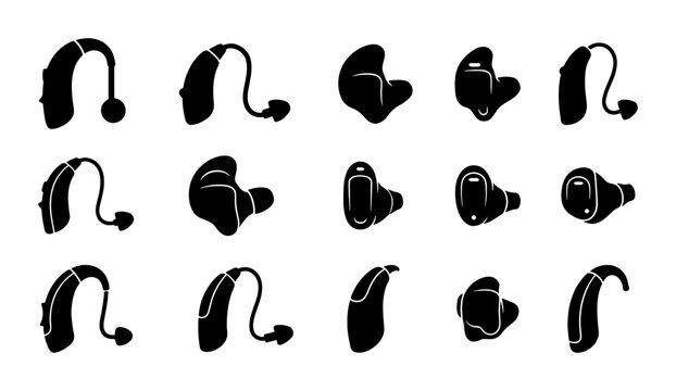 Hearing Aid Icons Set, Diverse Earphone Devices, Auditory Health Technology, Medical Equipment Vector Collection