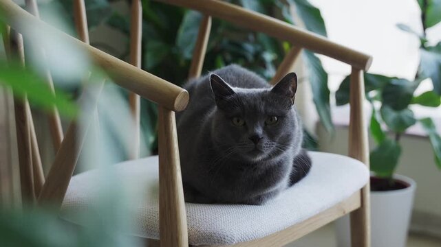 Brithish shorthair grey cat sitting on a chair in living room in front of the window surrounded by multiple plants. Cat loaf posing. Natural window lighting. Depth of field optical effect. Pet at home