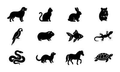 Obraz premium Diverse Pet Animal Silhouettes Collection, 12 Icon Set, Black Vector Graphics for Pet Care and Wildlife Themes