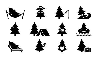 Obraz premium Camping and Outdoor Adventure Icons: Pine Tree Characters Engaged in Leisure Activities, Vector Set