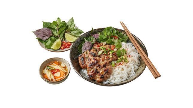 Delicious bowl of Vietnamese Bun Cha featuring grilled pork, rice vermicelli noodles, fresh herbs, and pickled vegetables served with chopsticks on a grey background.