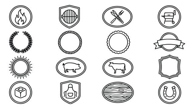 Vintage barbecue logo icons set, 16 black line art BBQ badges and labels, rustic grill restaurant branding elements, outdoor cooking vector collection