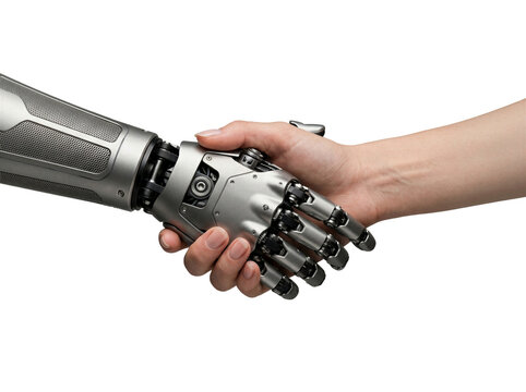 Metallic bionic arm shakes hands with a human person's hand in a symbolic gesture of cooperation between humans and advanced robotics.