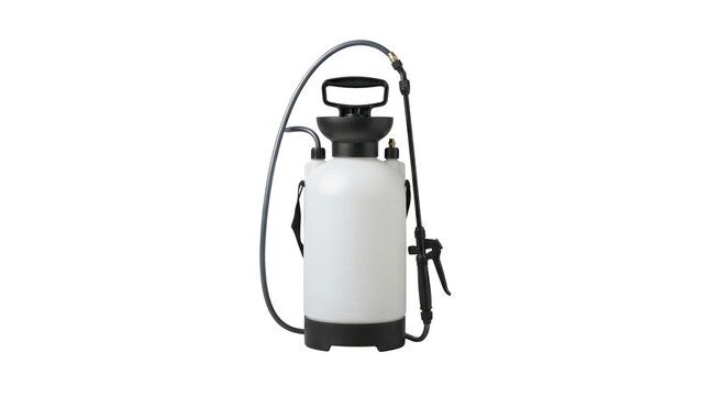 Professional manual pressure sprayer with a nozzle is isolated on a plain background for garden maintenance and pest control.