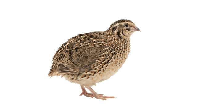 Profile view of a mottled brown quail isolated on a plain white background.