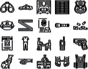 Law enforcement tools and icons set featuring handcuffs, badge, crime scene tape, uniform elements, patrol car, k 9, radio and investigation symbols representing security and justice © vectorwin