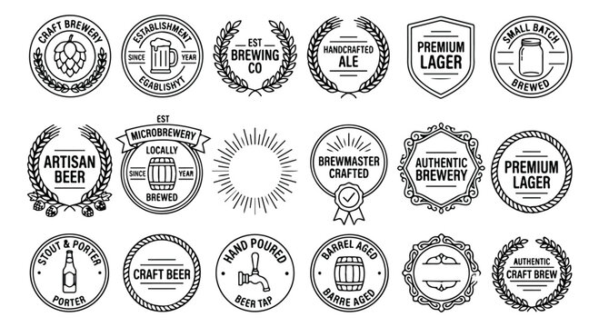 Vintage craft beer labels and brewery badges, set of 18 retro microbrewery vector emblems, black and white artisan ale branding stamps for pub menus