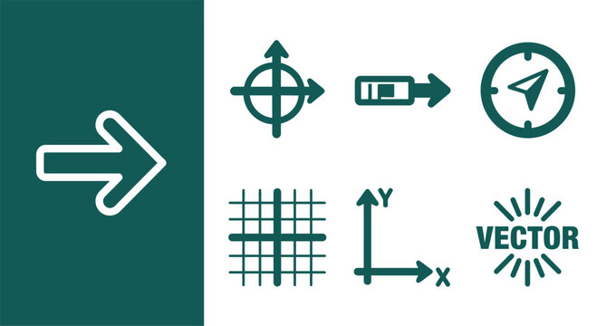 Minimal monochrome dark teal vector math icon set featuring coordinate systems, magnitude arrows, Cartesian grids, XY axes, and stylized vector text on a clean white background.