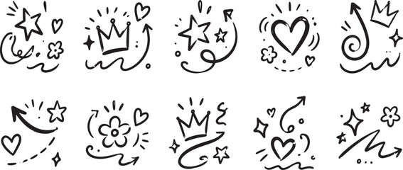 Fototapeta premium Hand Drawn Doodle Decorative Elements Set with Hearts Stars Crowns Flowers Arrows Swirls and Sparkles for Social Media, Scrapbook, Planner, Sticker and Cute Design Concept of Creativity and Decoration