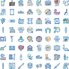 Fototapeta premium Set of colorful hand drawn icons illustrating diverse global concepts like health, environment, education, technology, work, food, travel, and society for modern communication