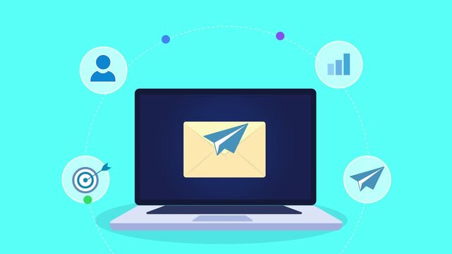 Animated flat vector motion graphic featuring an AI email communication interface on a laptop with message, user, analytics, target, and send icons. Ideal for digital communication and artificial inte