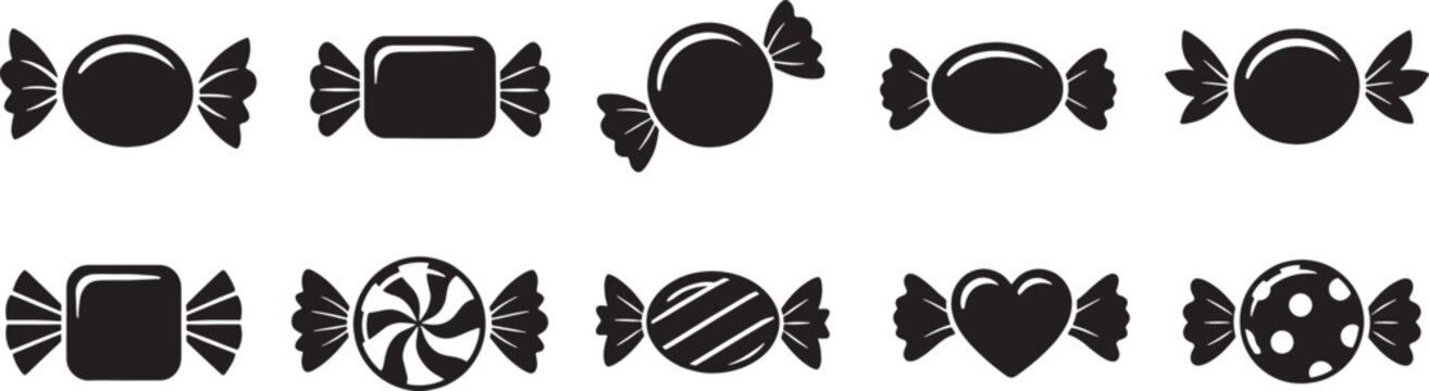 Black candy icon collection with assorted wrapped sweet shapes, round, square, striped, heart and peppermint confection silhouettes, isolated vector set for candy shop, dessert and celebration design