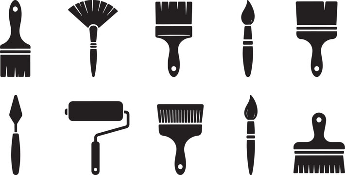 Black paint brush and painting tool silhouette collection with roller, palette knife, fan brush and artist brush icons isolated vector set for home renovation, decoration and creative design