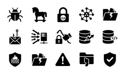 Cyber Security Icons Set, Digital Threat Protection Vector Graphics, Data Breach and Network Intrusion Symbols, Antivirus and Firewall Shields © Maruf