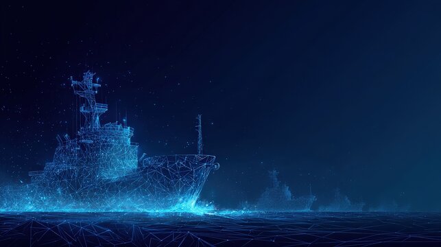 A holographic naval warship glimmers with blue digital energy, cutting through the dark, mysterious ocean depths. ..Created with Generative AI, not depicting real subjects.