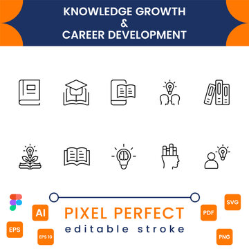 Knowledge and Growth Line Icons Set - Career, Mentorship and Development Vector Icon Pack