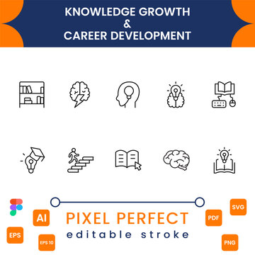 Knowledge and Growth Line Icons Set - Career, Mentorship and Development Vector Icon Pack