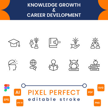 Knowledge and Growth Line Icons Set - Career, Mentorship and Development Vector Icon Pack