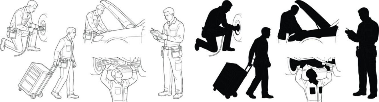 Auto mechanic vector set featuring outline and black silhouette characters repairing cars changing tires and pulling tool boxes