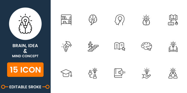 Brain and Idea Line Icons Set - Mind, Creativity and Innovation Vector Icon Pack