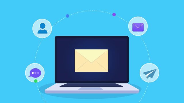 Animated flat vector motion graphic featuring an AI email messaging interface on a laptop with chatbot, user, email, and send icons. Ideal for digital communication and artificial intelligence concept