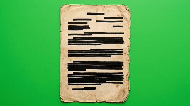 An aged document with blacked-out text lies on a vibrant green background, suggesting redacted information or hidden secrets.