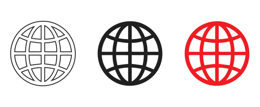 Three globe web icons in outline and colored modern vector design