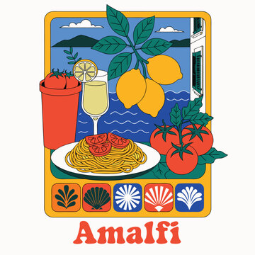 Amalfi. Italian lemons, tomatoes, pasta, limoncello, ceramic tiles from Italy. Frame for a poster, postcard, or T-shirt print