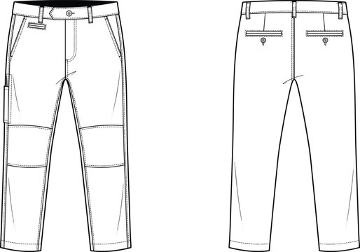 Vector fashion flat sketch of men utility work pants showing front and back views for technical apparel design