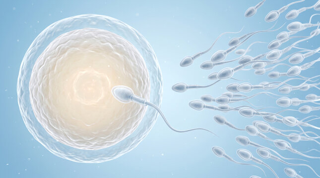 Sperm cells approaching human egg. Fertilization process of an ovum by a spermatozoon.