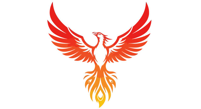 Minimalist vector illustration of a majestic phoenix with stylized wings and tail feathers, clean line art of a mythical firebird on a white background for logo or graphic design.
