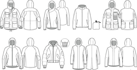 Vector fashion flat sketches of various hooded jackets and coats showing front and back views for technical apparel design © MD