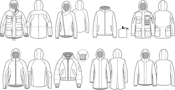 Vector fashion flat sketches of various hooded jackets and coats showing front and back views for technical apparel design