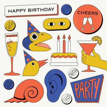Happy birthday halftone art collage cut outs icon set. vintage dot texture, doodles, animals wearing party hats, champagne, cheers, cake