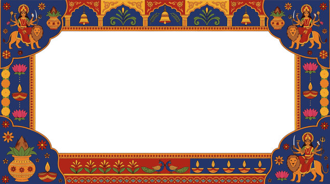 Decorative Indian Navratri festival frame with goddess Durga illustration