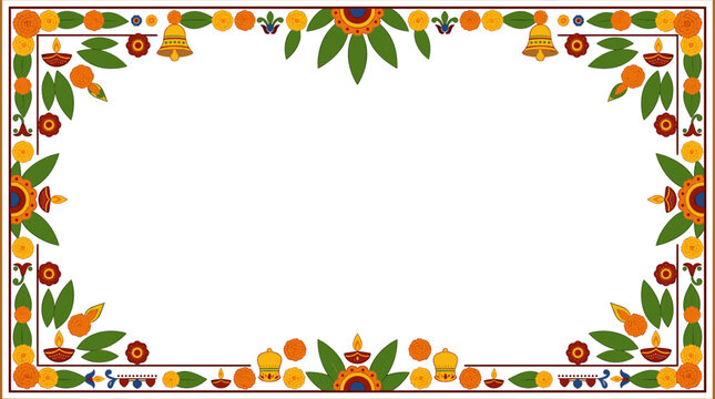 Decorative Indian festival floral frame with marigolds and oil lamps