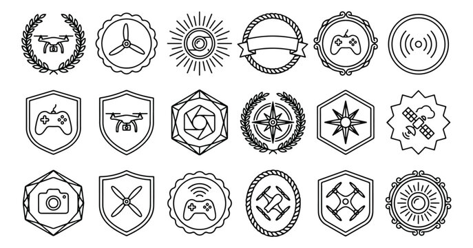 Vintage drone and technology badges, set of 18 line art icons, retro aerial photography and gaming emblems, black and white vector graphics