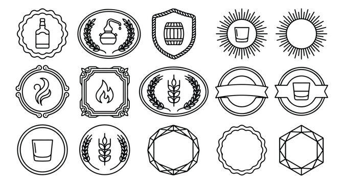 Vintage whiskey labels and distillery badges set, 15 black line art alcohol icons, rustic brewery emblems with wheat and barrel vector elements