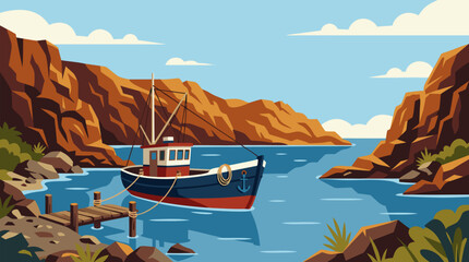 Naklejka premium Detailed vector art of classic fishing boat anchored in tranquil rocky bay surrounded by steep orange cliffs crystal clear blue sea calm waters sunny day with white clouds peaceful coastal nature