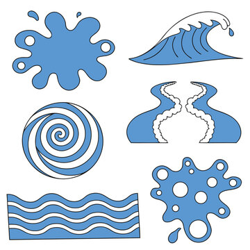 Water splashes icon set. sea waves with drops, cartoon blue water splash, tidal flows, ocean swirls, foam and ripple