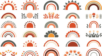 Fototapeta premium Minimalist Boho Rainbow and Botanical Sun Icons Set Hand Drawn Flat Vector Rainbows Terracotta Floral Elements Flowers and Moon Phases Clipart Collection for Nursery Decor and Wedding Invitation Desig