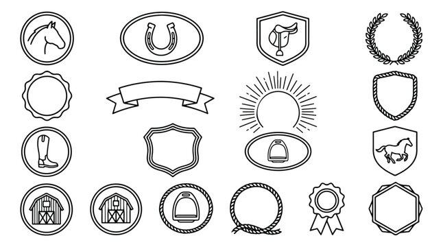 Equestrian horse riding line icons set, vintage ranch and western branding elements, 18 vector badges for horse club logos