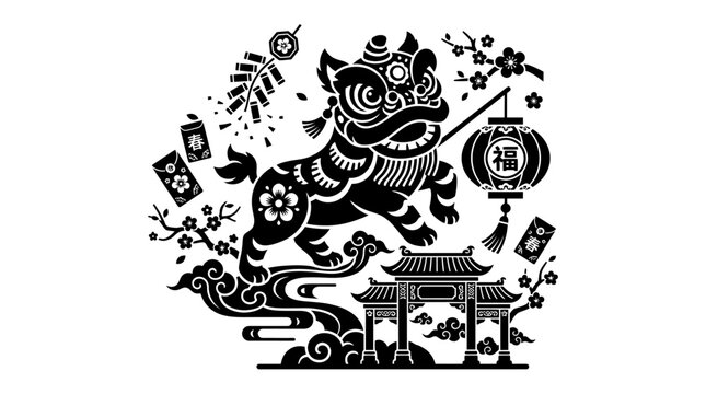 Chinese New Year Lion Dance, Lanterns, Firecrackers, Fortune