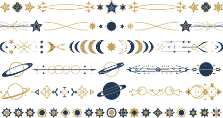 Elegant Celestial and Cosmic Dividers Borders Set Hand Drawn Gold and Navy Blue Moon Phases Planets Saturn Stars Sacred Geometry Line Art Decorative Elements for Tarot and Mystic Design Vector Illustr © rofikgraph24