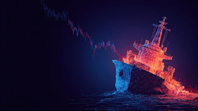 A sinking ship engulfed in flames drifts into dark, stormy waters, with a downward-trending stock market graph superimposed. ..Created with Generative AI, not depicting real subjects.