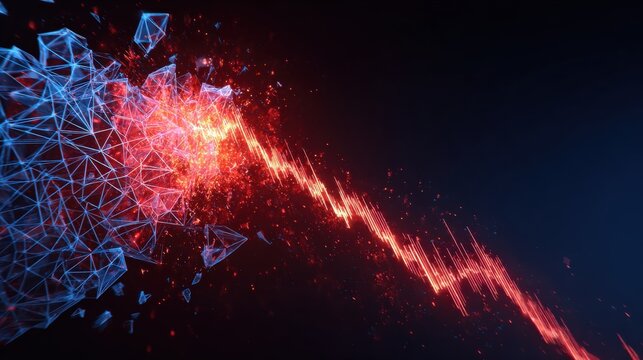 Abstract energetic explosion with digital mesh dissolving into red plasma on dark background, symbolizing data breach or disruption. ..Created with Generative AI, not depicting real subjects.